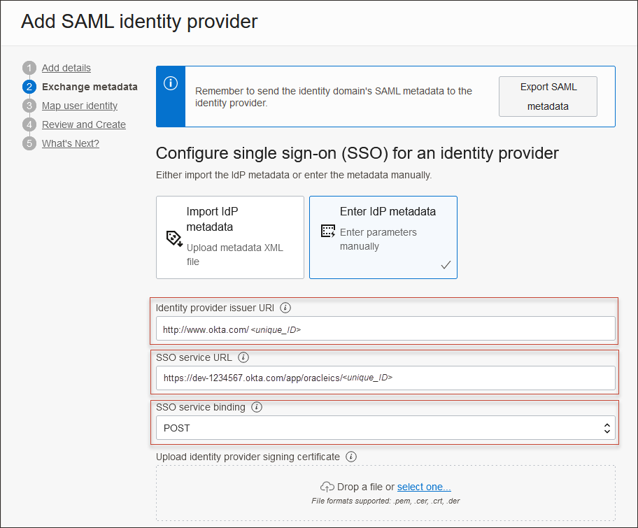 Click to expand Exchange metadata page of create SAML identity provider