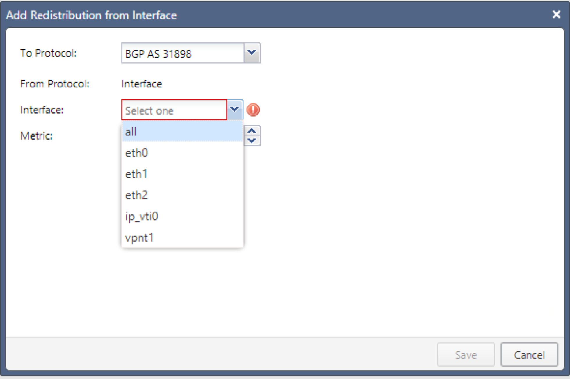 This image shows the Add Redistribution from Interface dialog.