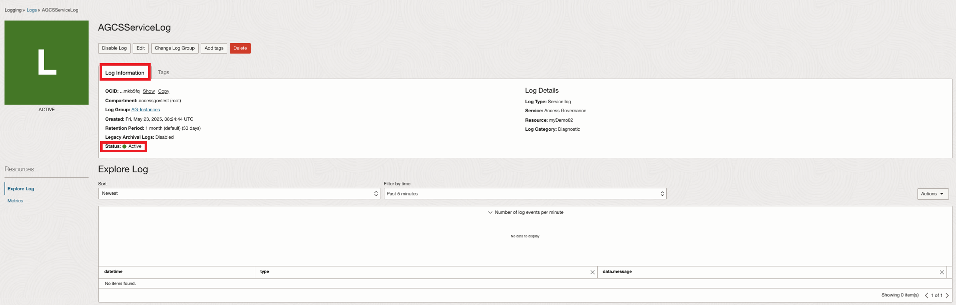 Log Information Page