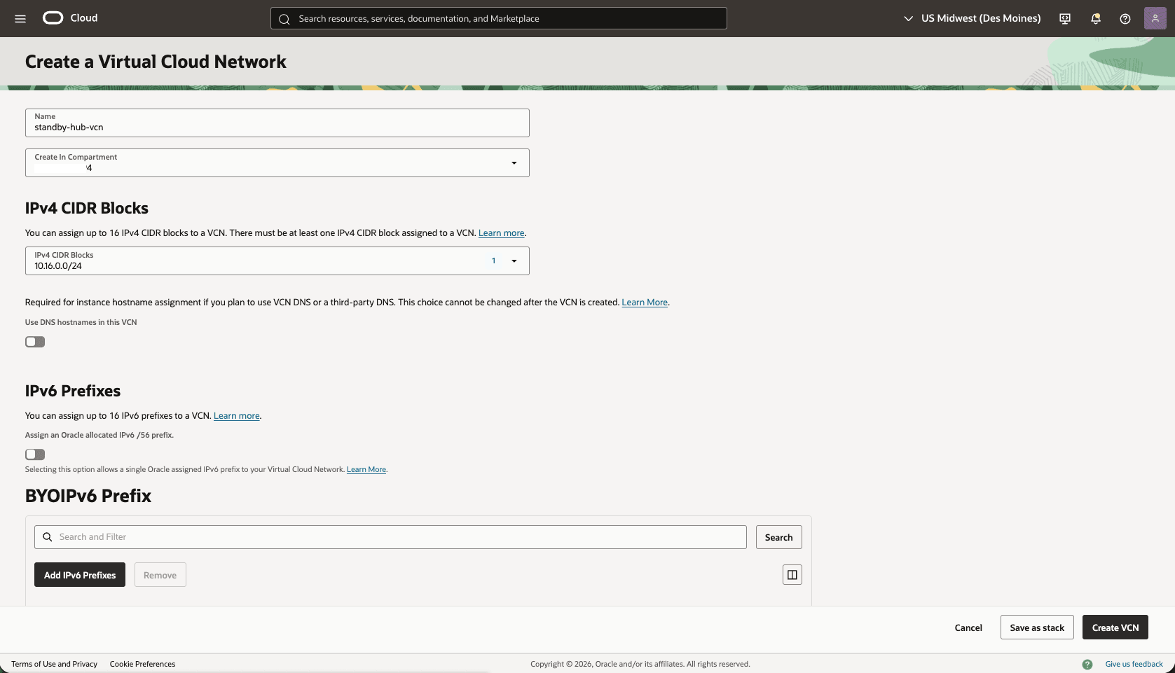 This screenshot shows how to configure the network in the standby region.
