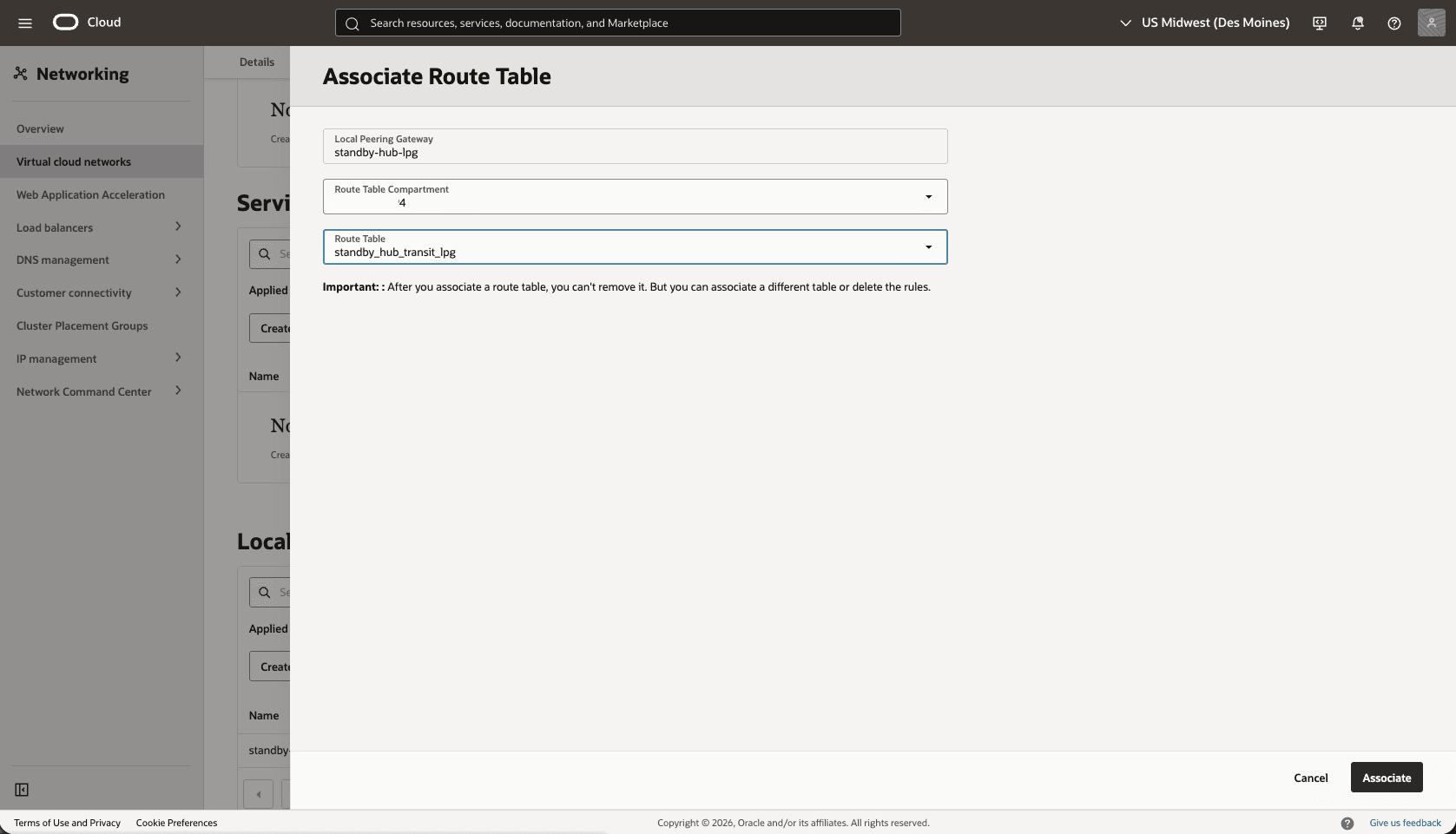 This screenshot shows how to configure the network in the standby region.