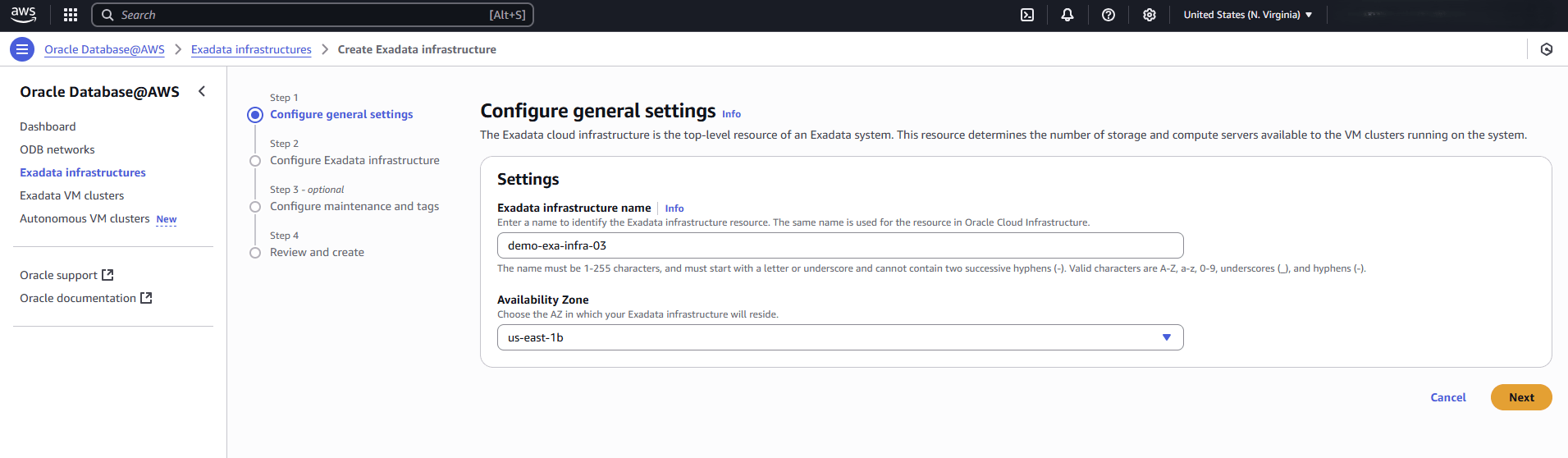 This screenshot shows the first part of creating an Exadata Infrastructure.