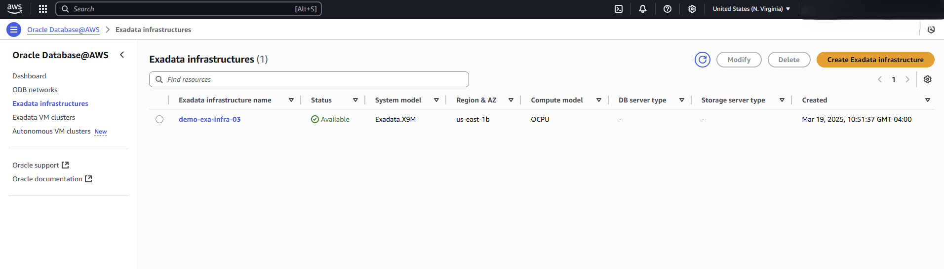 This screenshot shows the last part of creating an Exadata Infrastructure.