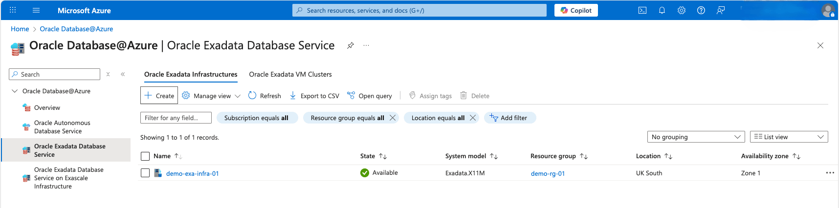 This screenshot shows the last step of creating an Exadata Infrastructure