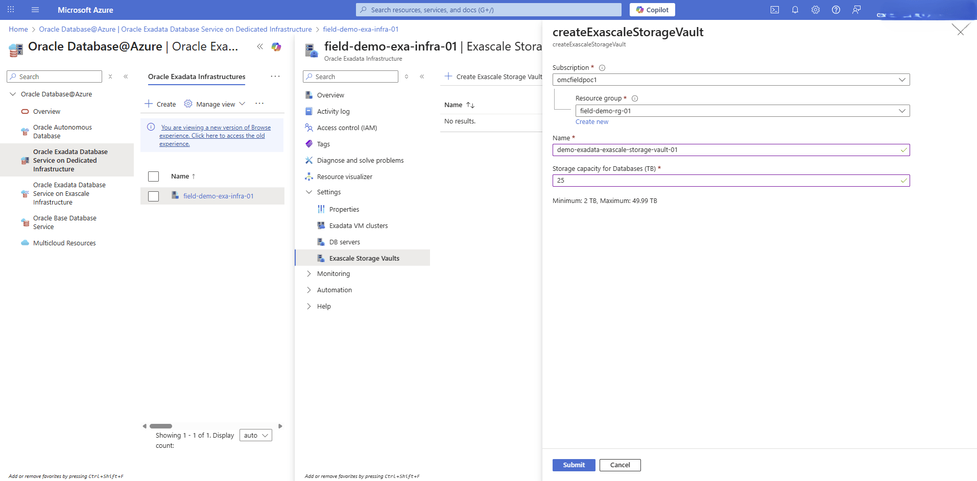 This screenshot shows how to configure Exascale storage vault.
