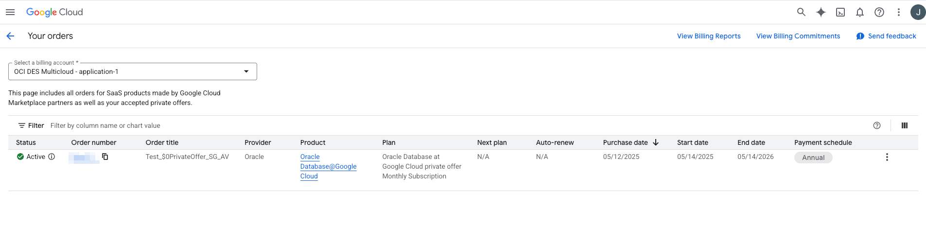 Click to expand Example of Oracle Database@Google Cloud product order.