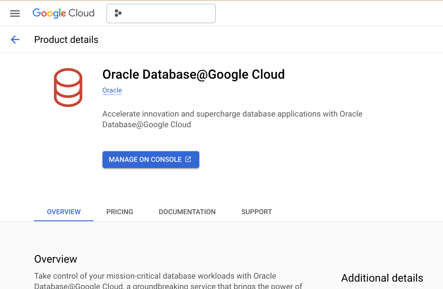 Click to expand An image of the Oracle Database@Google Cloud product details page in the Google Cloud Marketplace.