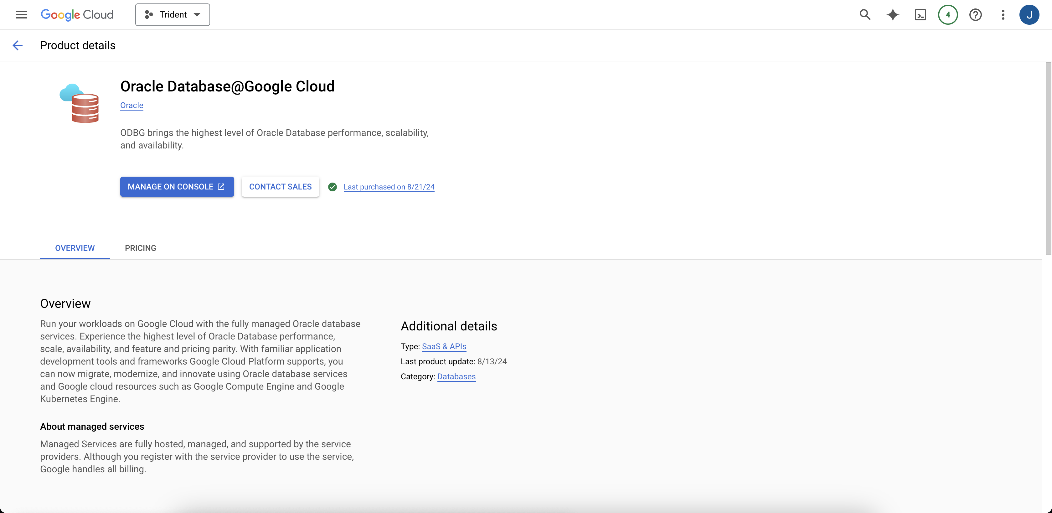 Click to expand An image of the Oracle Database@Google Cloud product details page in the Google Cloud Marketplace.
