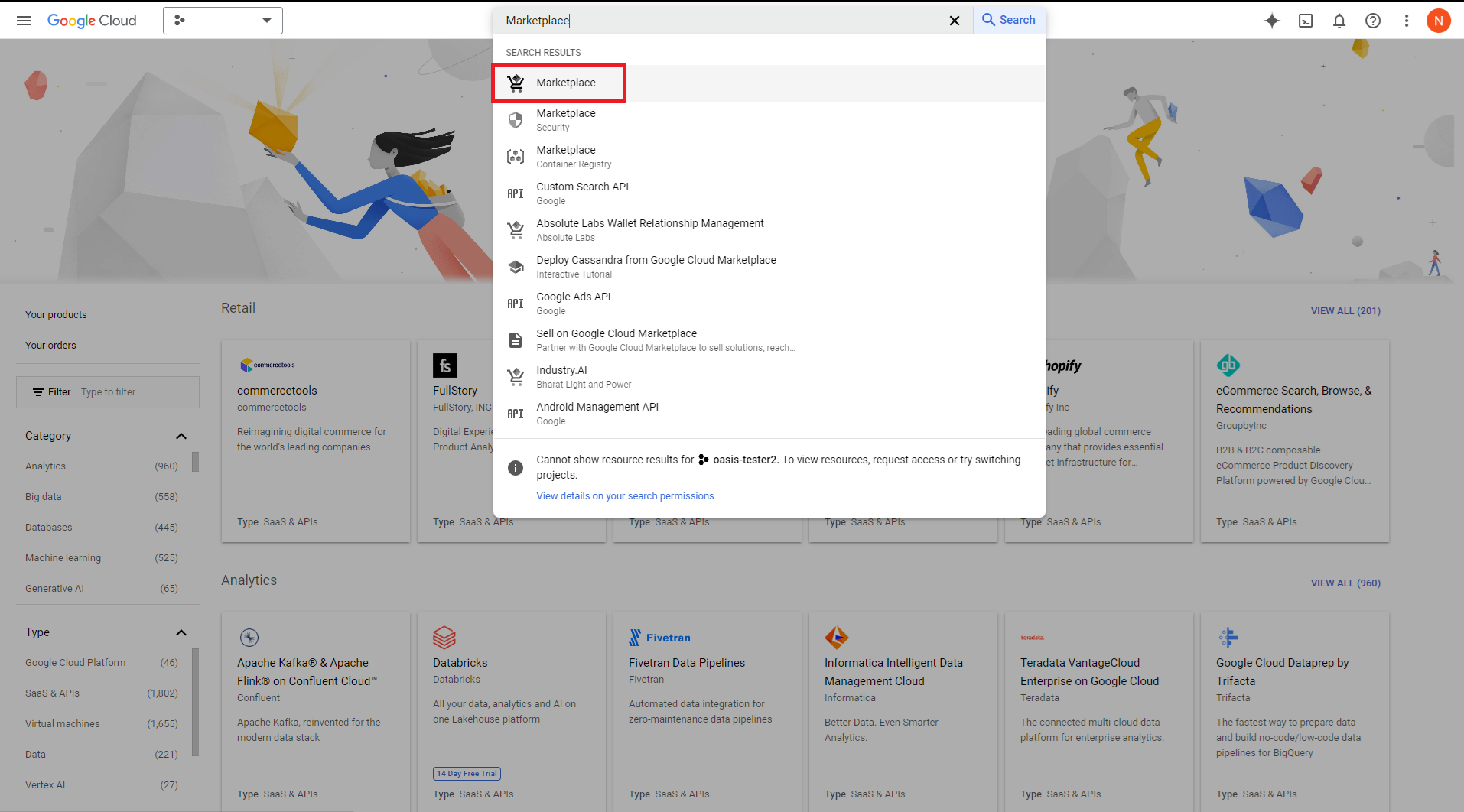 Click to expand An image of a search for "Marketplace" in the Google Cloud search tool.
