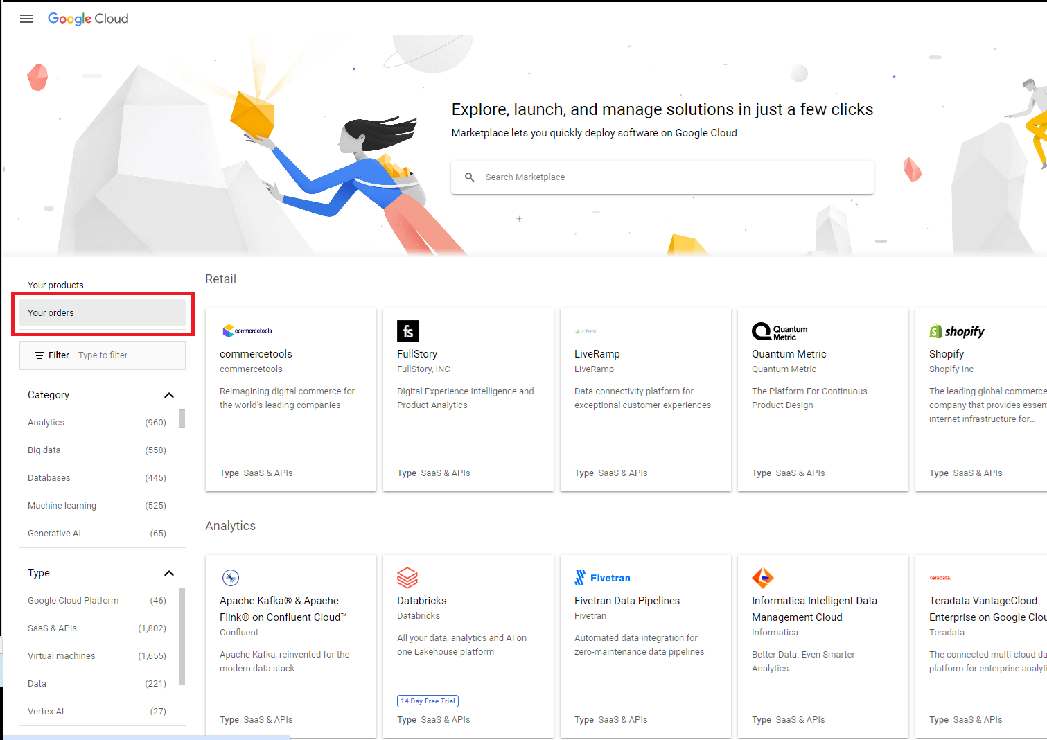 Click to expand An image of the Google Cloud Marketplace navigation menu.