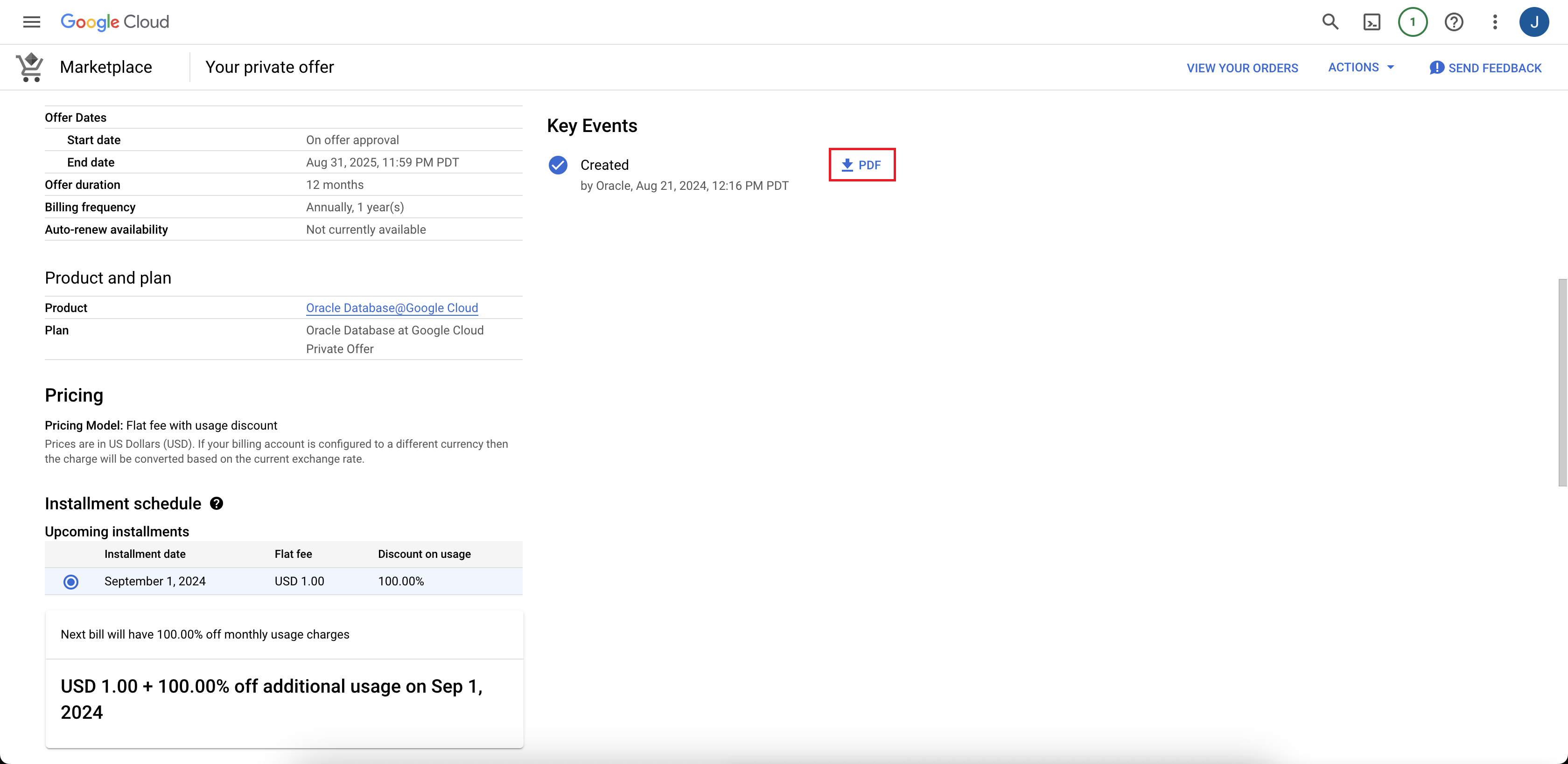 Click to expand An image of a private offer details page in Google Cloud Marketplace.