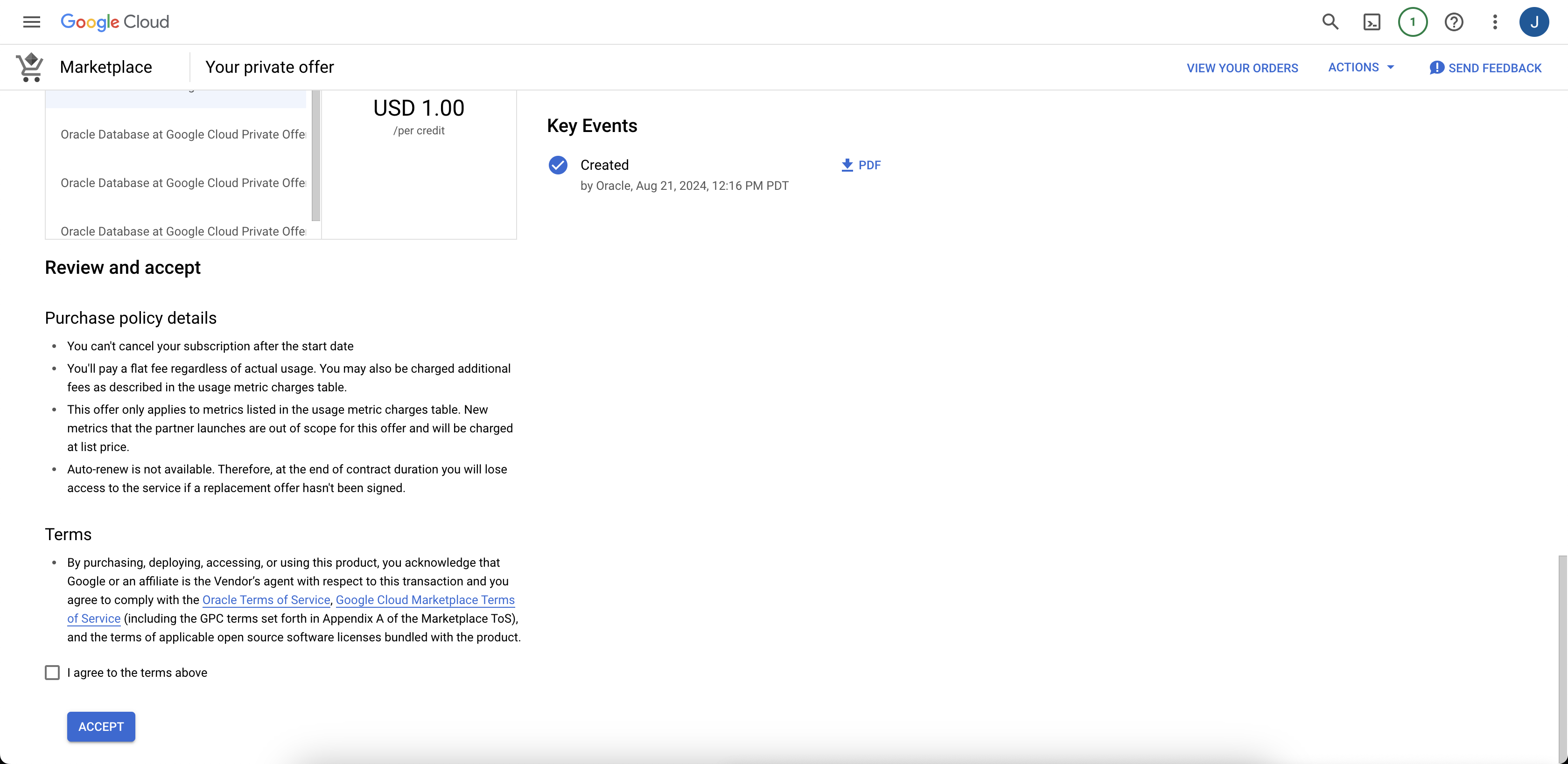 Click to expand An image of the Google Cloud offer details Accept button.