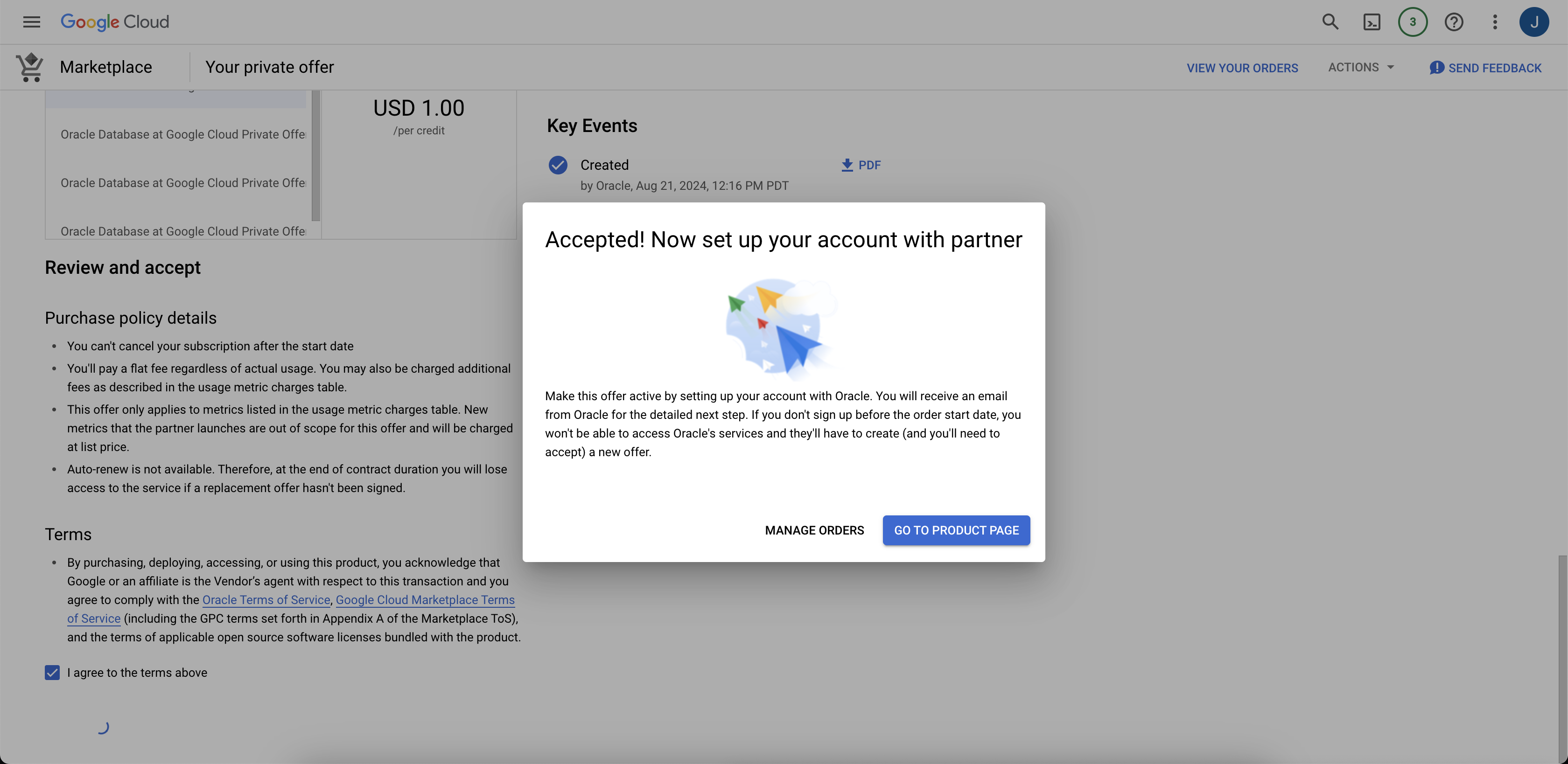 Click to expand An image of the Google Cloud offer acceptance confirmation dialog.