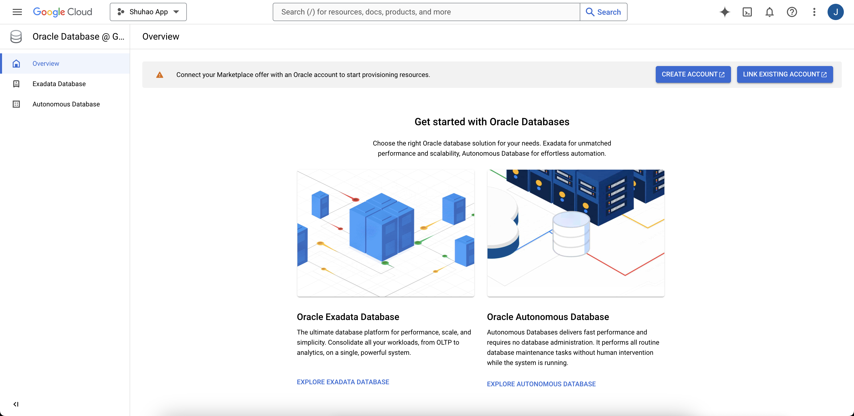 Click to expand An image of the Oracle Database@Google Cloud Overview page.