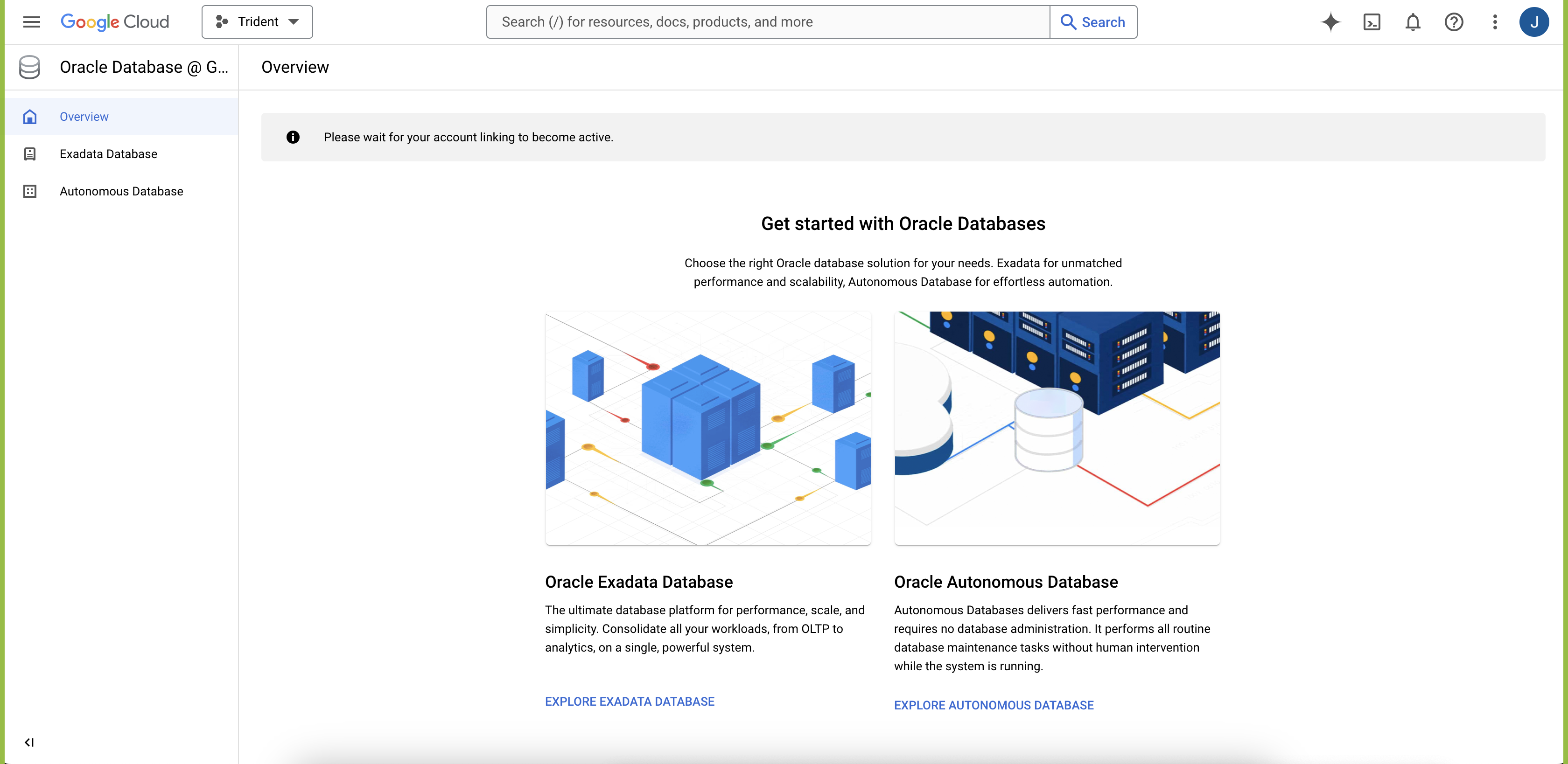 Click to expand An image of the Google Cloud console displaying the Oracle Database@Google Cloud Overview page.