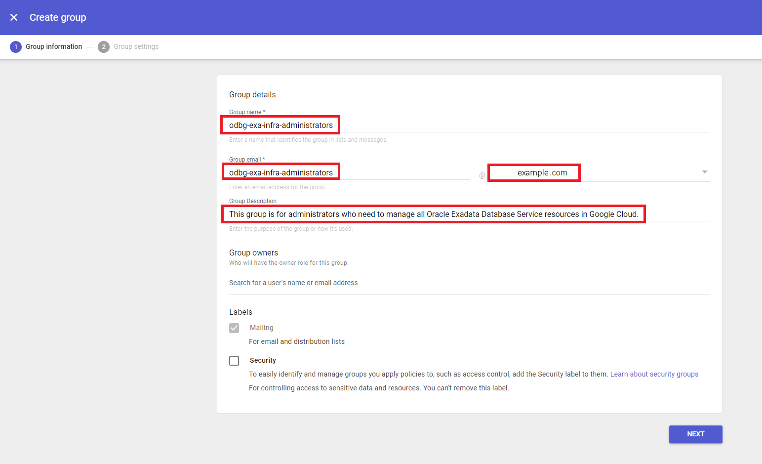 Click to expand An image of the "Create group" form in the Google Cloud admin console.