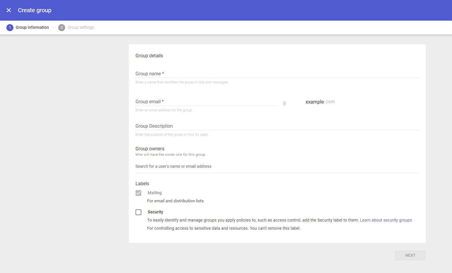 Click to expand An image of the "Create group" form in the Google Cloud admin console.