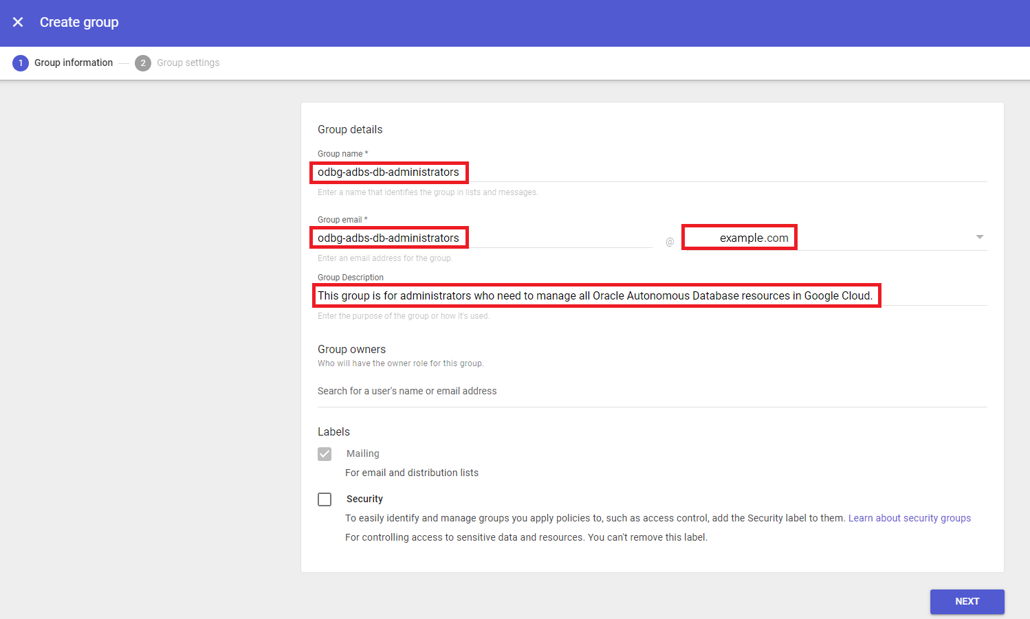 Click to expand An image of the "Create group" form in the Google Cloud admin console.
