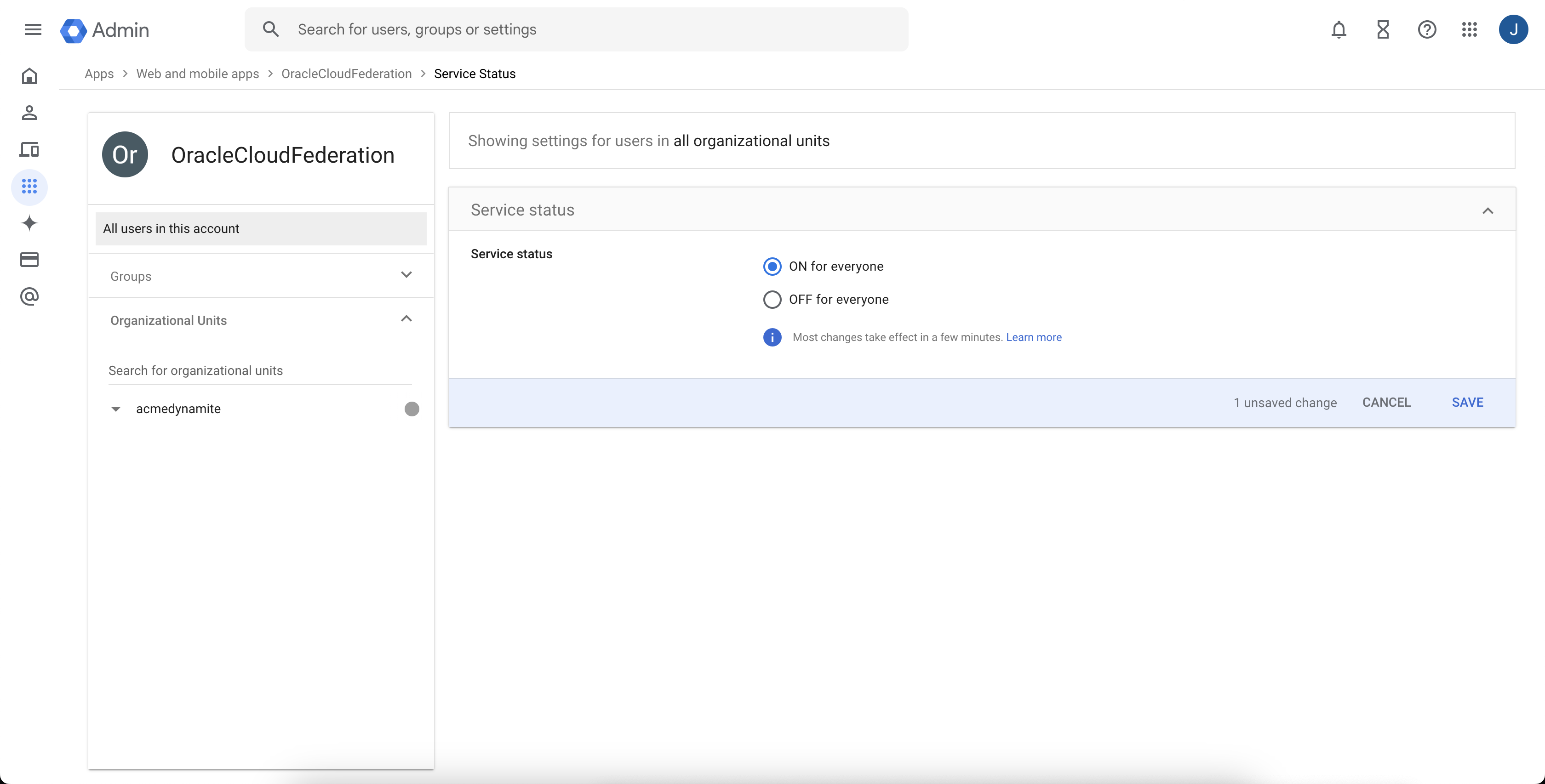 Click to expand An image of the Google Cloud admin Console SAML application Service status page.