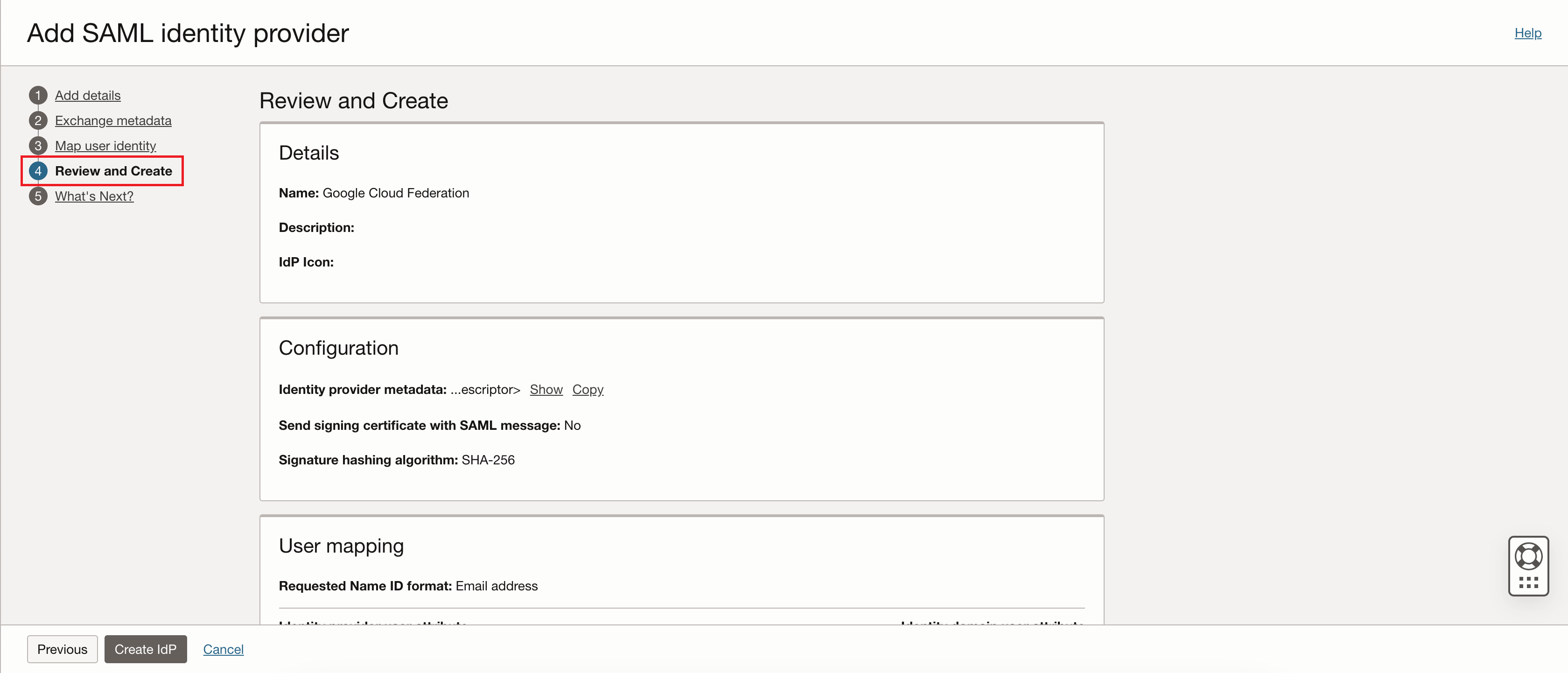 Click to expand An image of the Oracle Cloud Console showing the Add SAML identity provider work flow's Review and Create page.