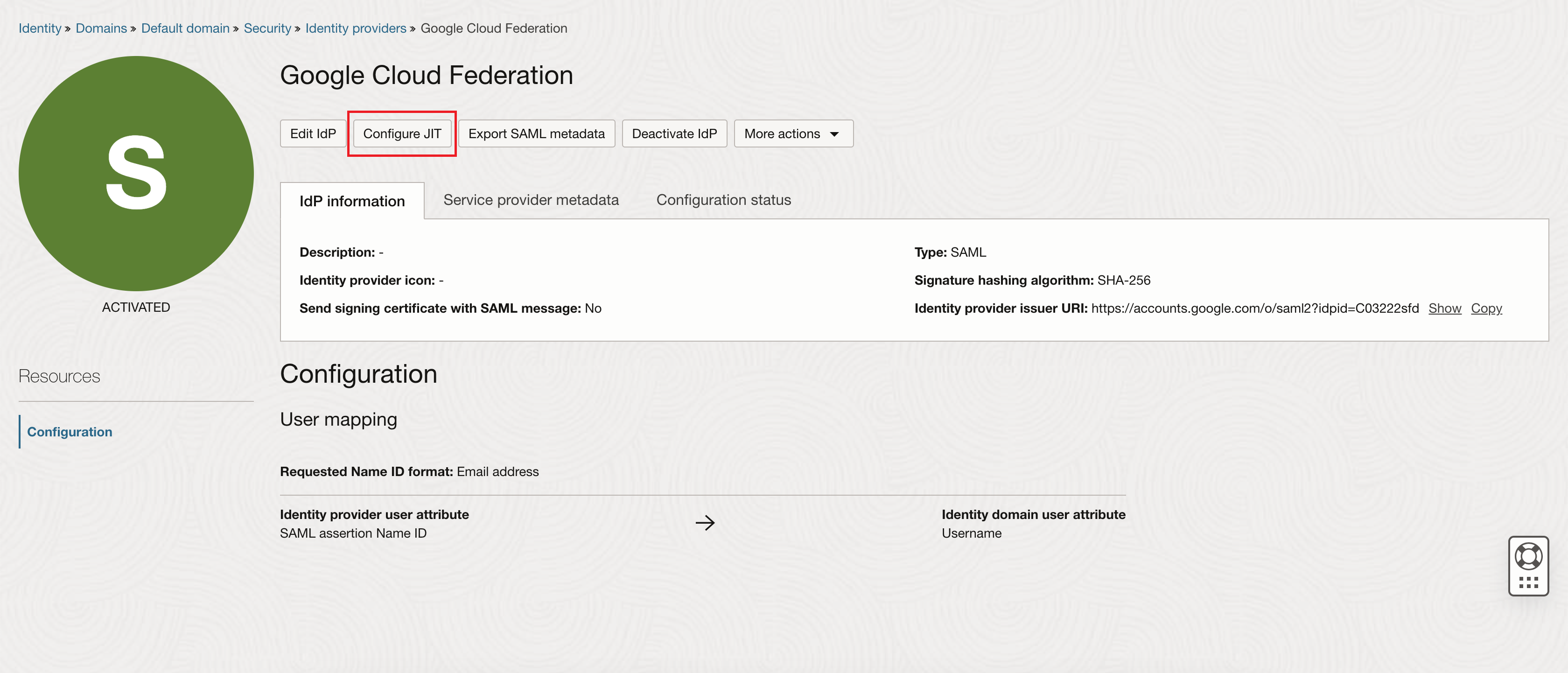 Click to expand An image of the details page for the Google Cloud Federation identity provider in the Oracle Cloud Console.