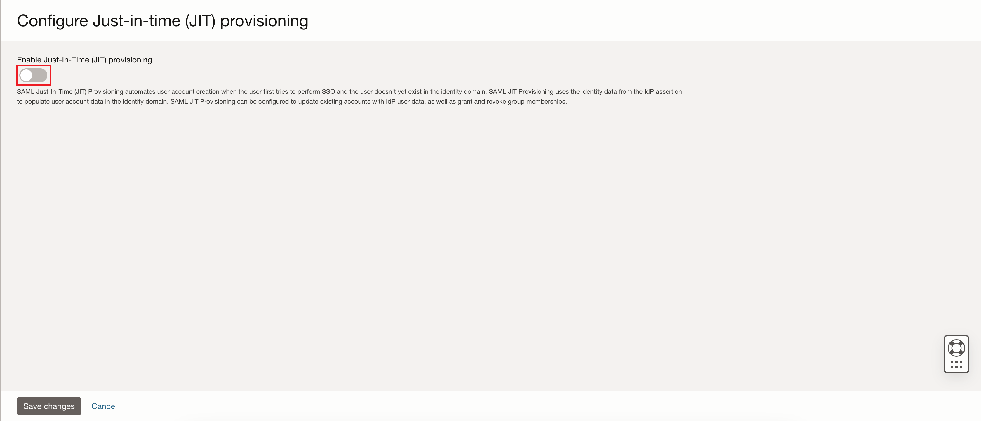 Click to expand The Configure Just-in-time (JIT) provisioning page in the Oracle Cloud Console.