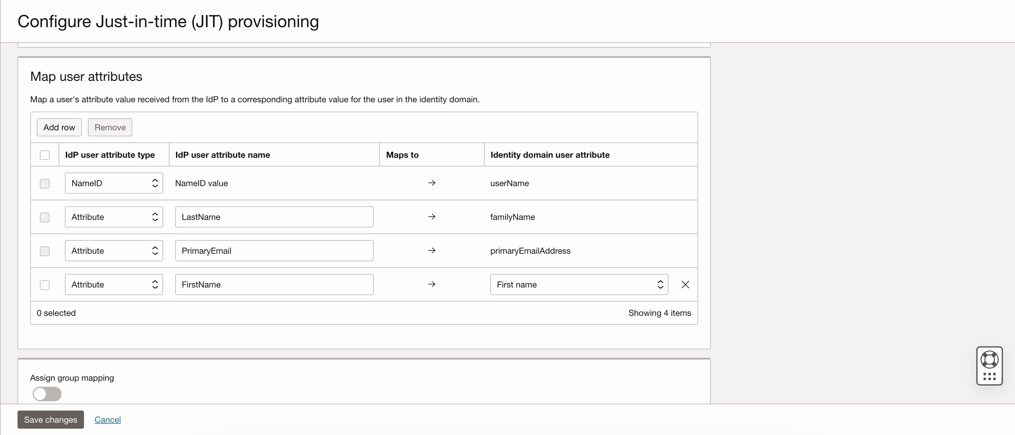 Click to expand The Configure Just-in-time (JIT) provisioning page in the Oracle Cloud Console.