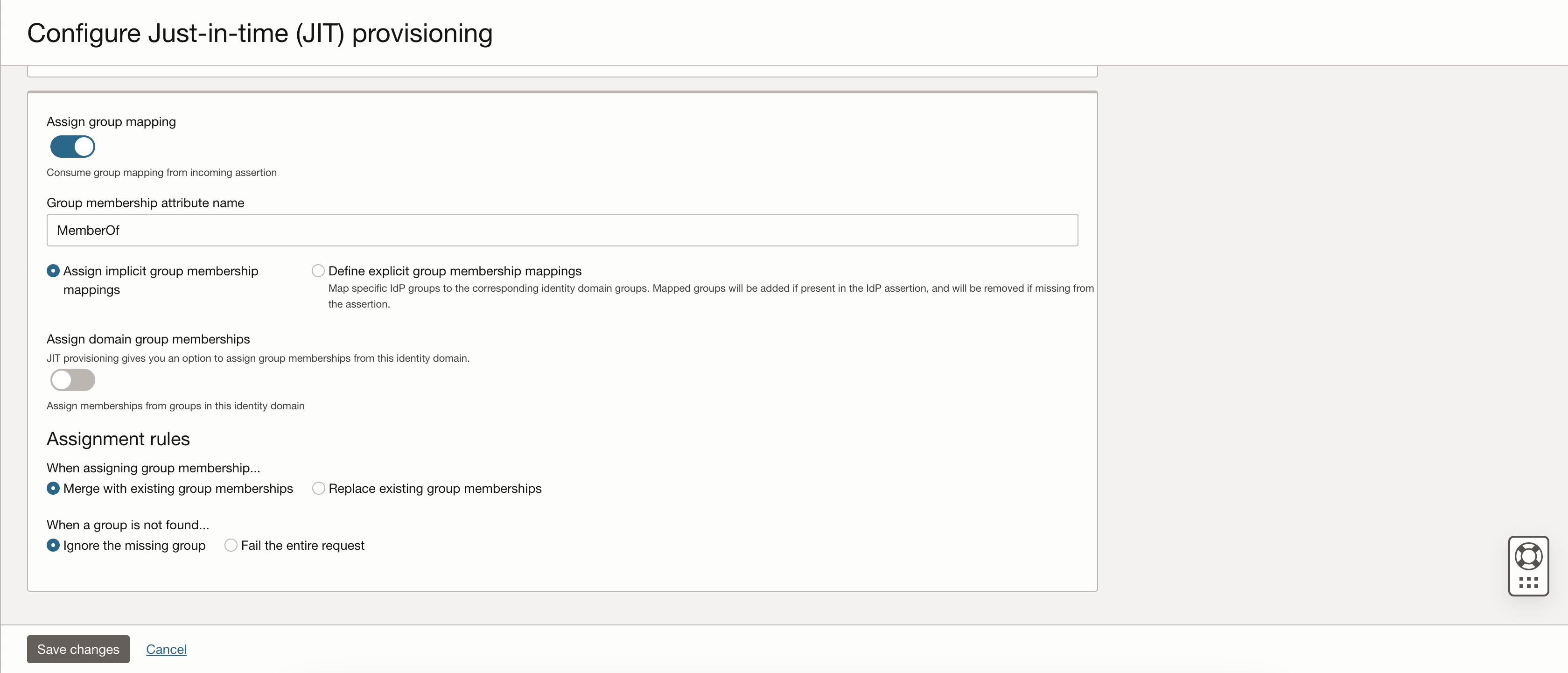 Click to expand The Configure Just-in-time (JIT) provisioning page in the Oracle Cloud Console.