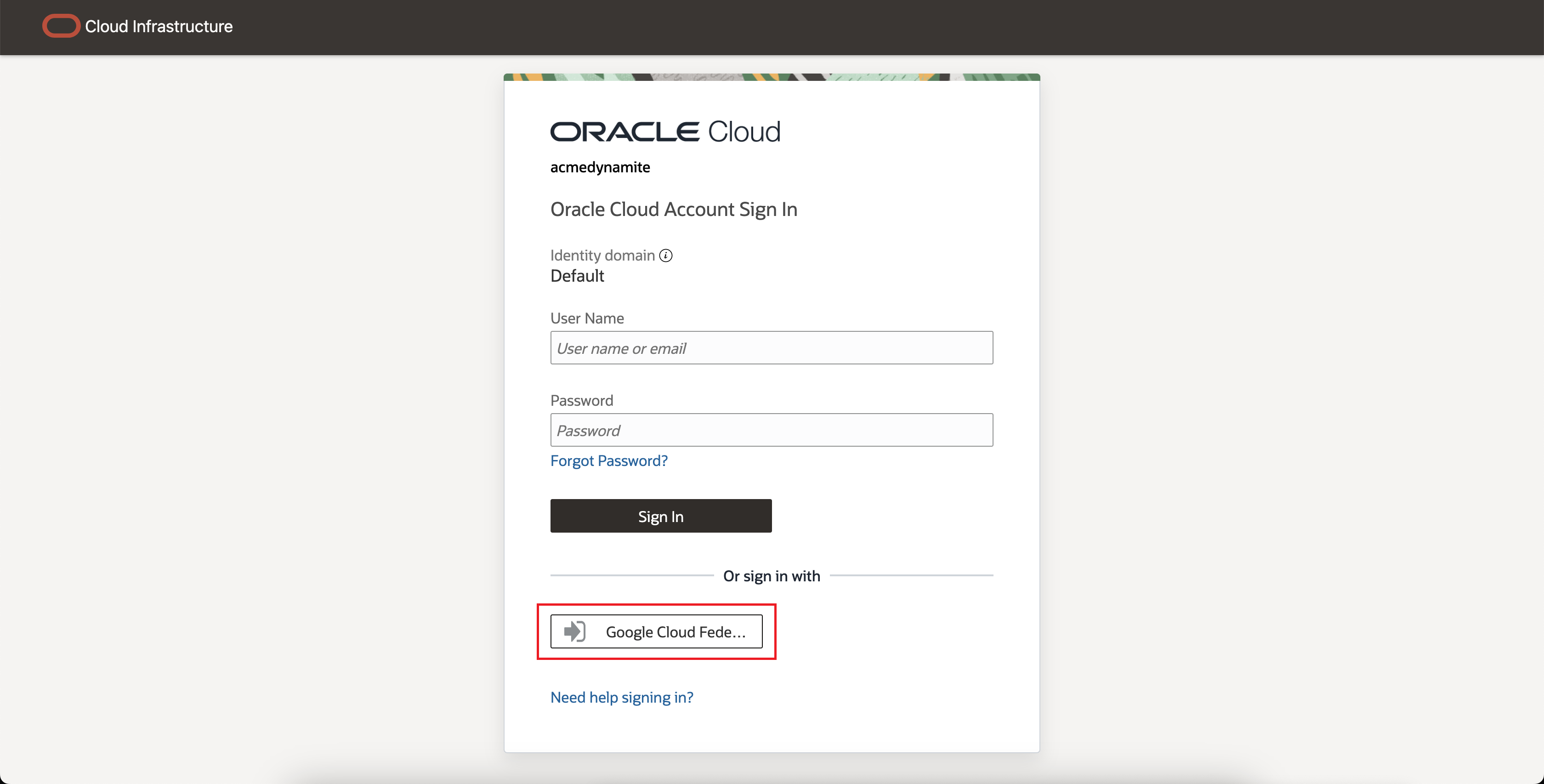 Click to expand An image of the Oracle Cloud Console sign in page offering the option to sign in with Google Cloud Federation.