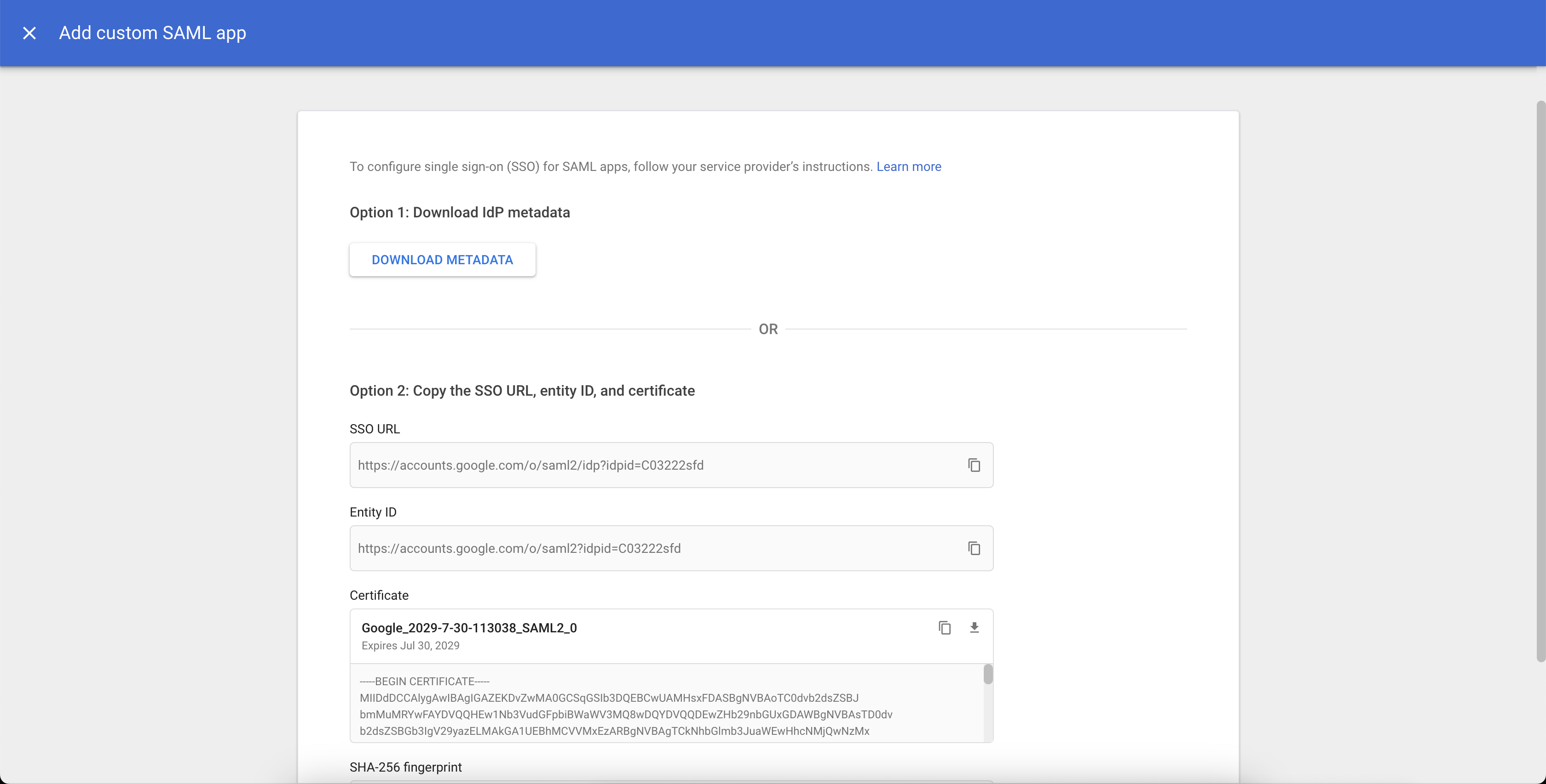Click to expand An image of the IdP metadata download option in the Google Cloud admin Console.