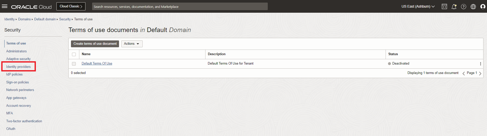 Click to expand An image of the Domain security page on the Oracle Cloud Console.