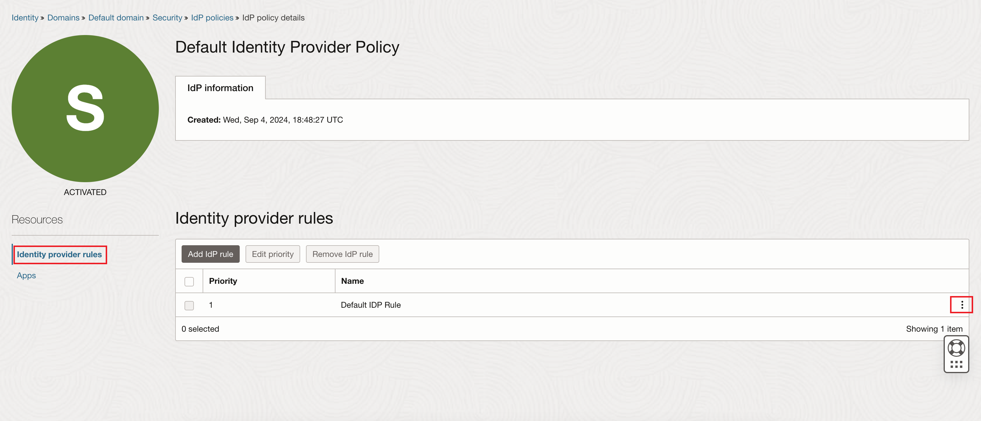 Click to expand An image of the Oracle Cloud Console showing the Default Identity Provider policy details page,