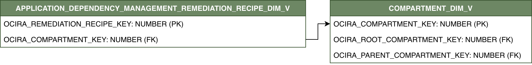 Relationship diagram showing the dimension table APPLICATION_DEPENDENCY_MANAGEMENT_REMEDIATION_RECIPE_DIM_V and its relationship to COMPARTMENT_DIM_V.