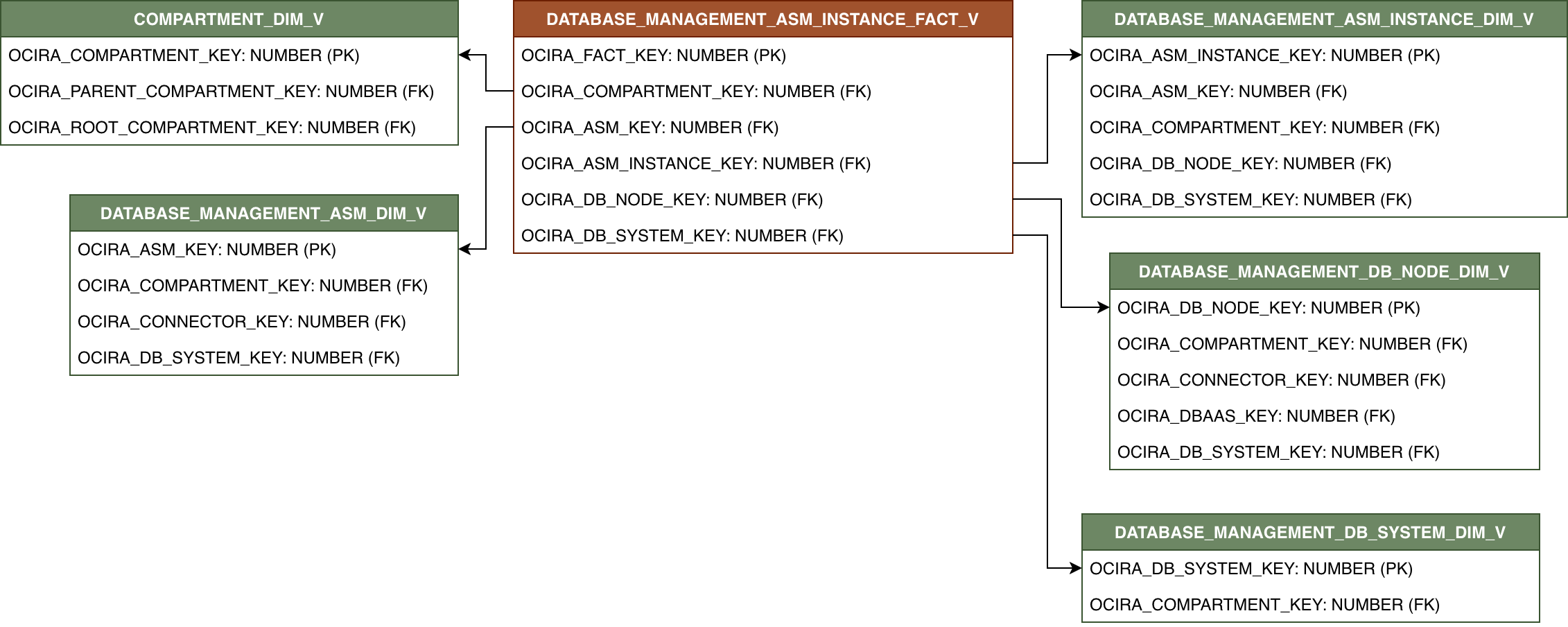 Relationship diagram with DATABASE_MANAGEMENT_ASM_INSTANCE_FACT_V and its related dimension tables.