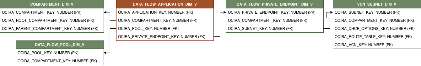 Relationship diagram showing DATA_FLOW_APPLICATION_DIM_V and its related dimension tables.