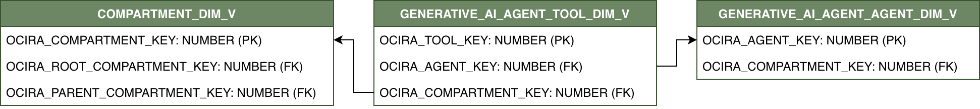 Relationship diagram showing GENERATIVE_AI_AGENT_TOOL_DIM_V and its related dimension tables.