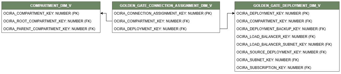 Relationship diagram showing the dimension table, GOLDEN_GATE_CONNECTION_ASSIGNMENT_DIM_V.