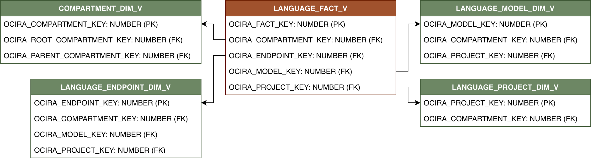 Relationship diagram showing LANGUAGE_FACT_V and its related dimension tables.