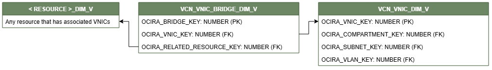 Relationship diagram showing the dimension table, VCN_VNIC_BRIDGE_DIM_V.