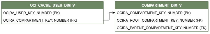 Relationship diagram showing the dimension table, OCI_CACHE_USER_DIM_V connected to another dimension table, COMPARTMENT_DIM_V.
