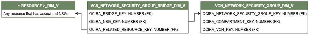 Relationship diagram showing the dimension table, VCN_NETWORK_SECURITY_GROUP_BRIDGE_DIM_V connected to two dimension tables, < RESOURCE >_DIM_V and VCN_NETWORK_SECURITY_GROUP_DIM_V.