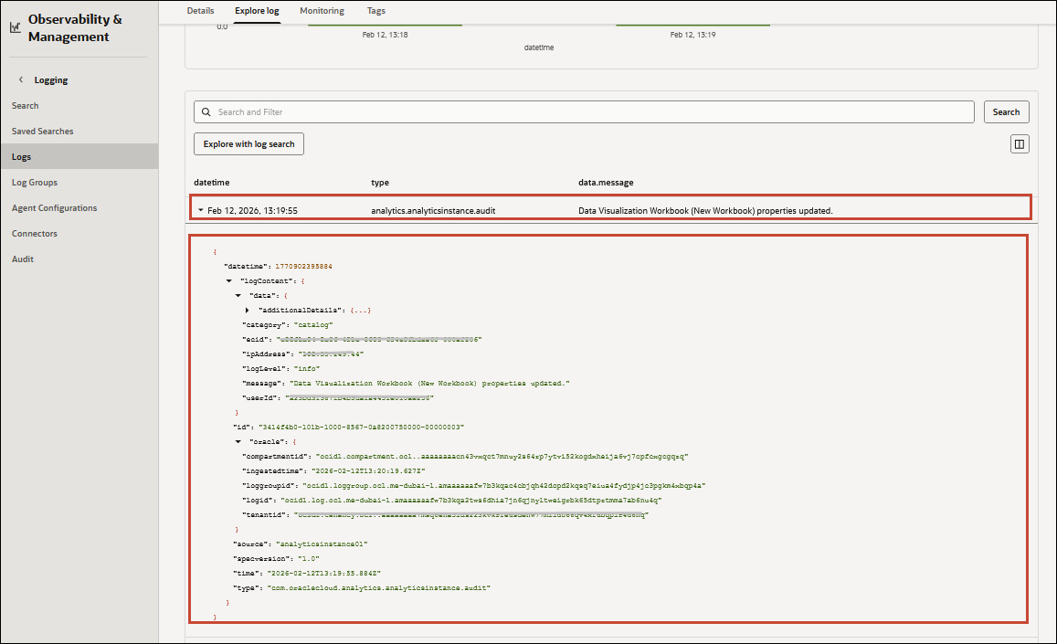 Log detail in the data section