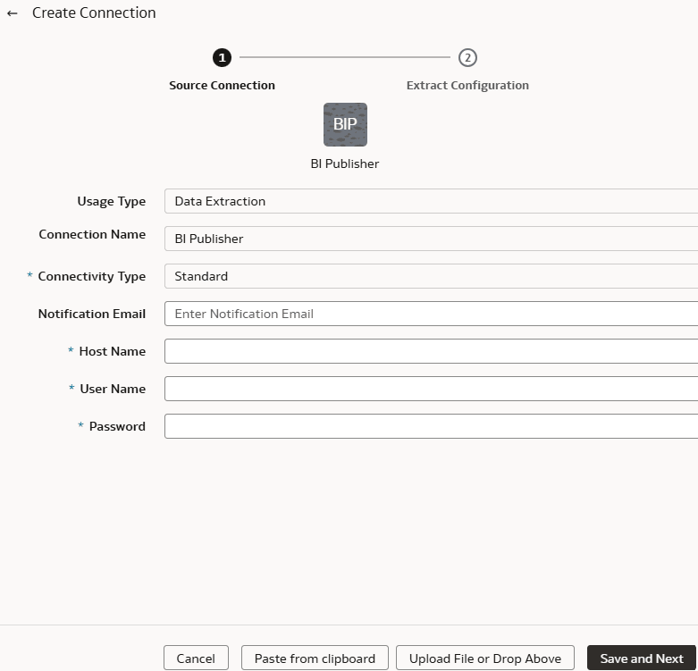 Source Connection for BI Publisher dialog