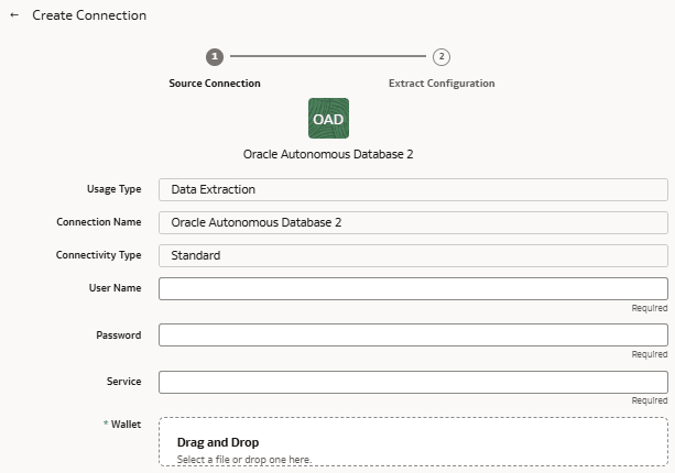 Create Connection for Oracle Autonomous Database dialog displaying the Source Connection tab