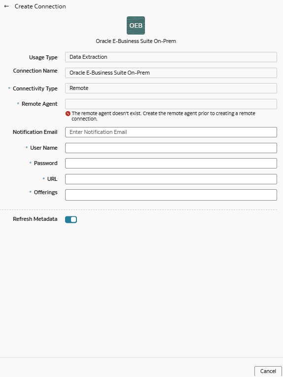 Create Connection for Oracle E-Business Suite On-Prem dialog Create Connection for Oracle E-Business Suite On-Prem dialog