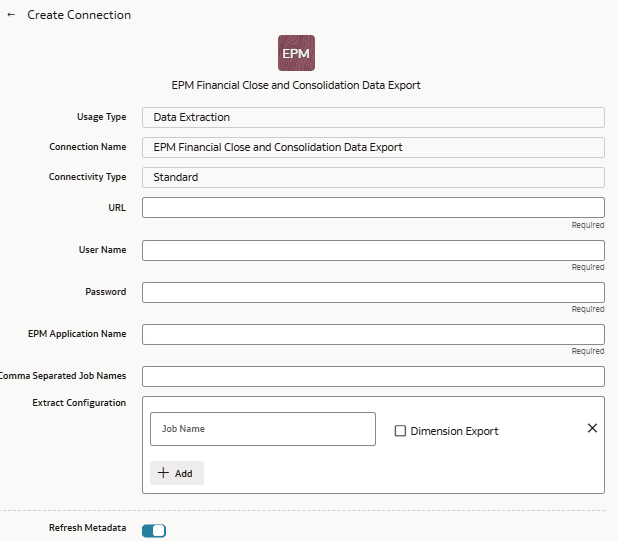 EPM Financial Close and Consolidation Data Export Create Connection dialog
