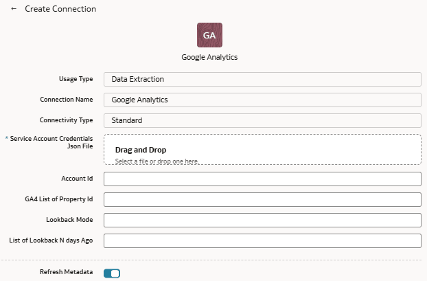 Create Connection dialog for Google Analytics