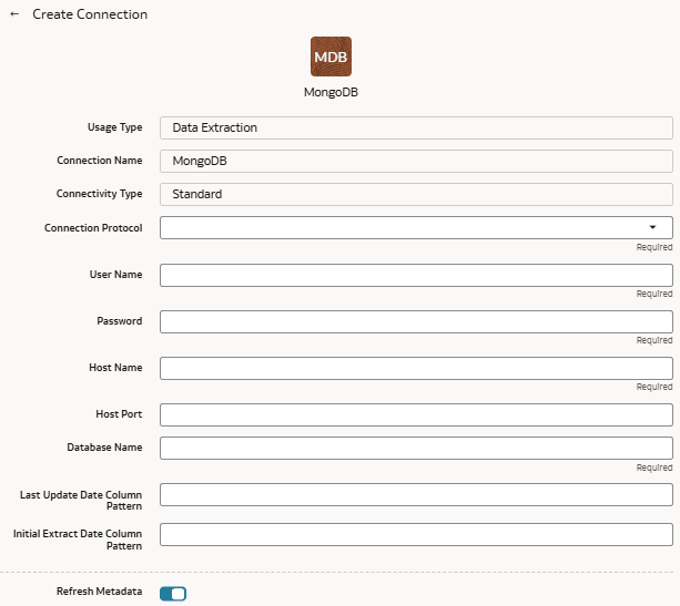 Create Connection for Mongo database dialog
