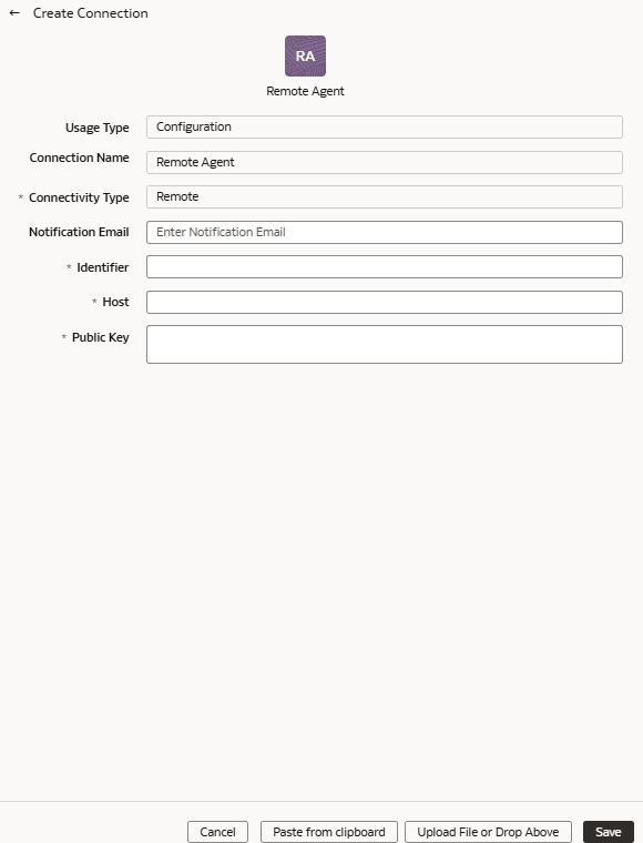Create Connection Remote Agent dialog Create Connection Remote Agent dialog