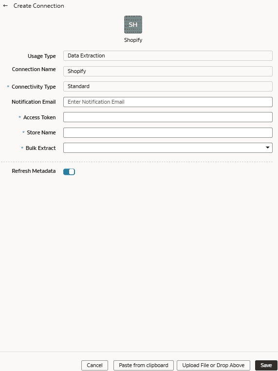 Create Connection for Shopify dialog Create Connection for Shopify dialog
